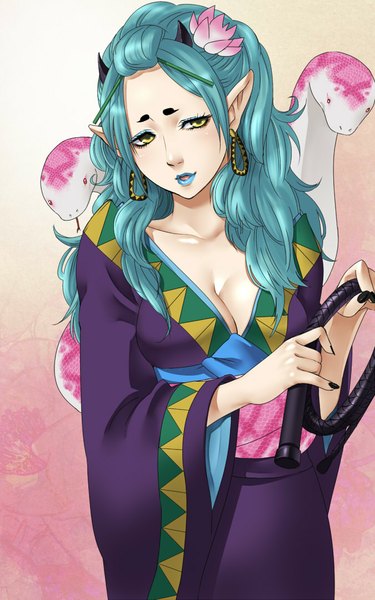 Anime picture 675x1080 with hoozuki no reitetsu wit studio okou (hoozuki no reitetsu) single tall image breasts open mouth standing holding yellow eyes cleavage nail polish traditional clothes japanese clothes hair flower horn (horns) fingernails lips pointy ears aqua hair