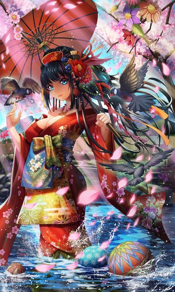 Anime picture 720x1200 with original tako seijin (takos000) single long hair tall image looking at viewer blue eyes black hair traditional clothes japanese clothes girl hair ornament flower (flowers) animal petals water kimono bird (birds) umbrella ball