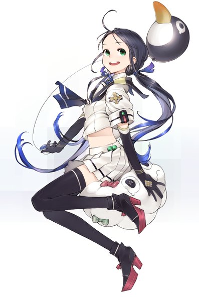 Anime picture 1060x1600 with original suzume yuu single long hair tall image looking at viewer open mouth black hair simple background white background twintails green eyes pleated skirt bare belly high heels happy spread arms jumping girl thighhighs