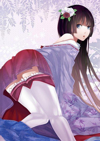 Anime picture 750x1061 with original hachiretsu single long hair tall image looking at viewer fringe open mouth blue eyes light erotic brown hair blunt bangs traditional clothes japanese clothes looking back hair flower bare back hime cut girl hair ornament
