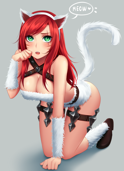 Anime picture 767x1062 with league of legends katarina (league of legends) spichis single long hair tall image looking at viewer blush open mouth light erotic green eyes animal ears cleavage red hair tail animal tail cat ears cat girl cat tail facial mark