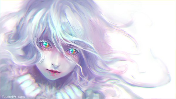 Anime picture 1000x567 with original yuumei single long hair looking at viewer fringe blue eyes simple background red eyes wide image white background purple eyes green eyes signed yellow eyes blue hair pink hair white hair pink eyes multicolored hair