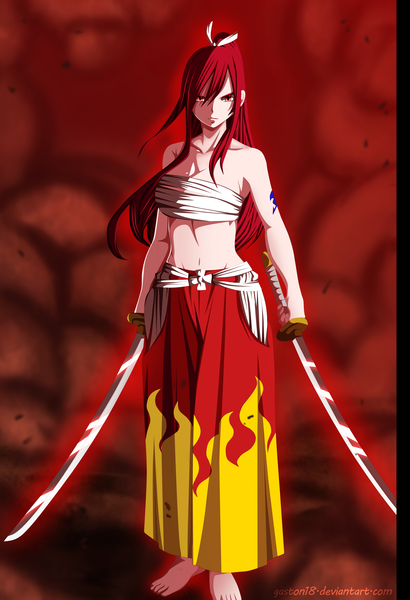 Anime picture 2731x4000 with fairy tail erza scarlet tongasart single long hair tall image highres red eyes holding ponytail red hair midriff tattoo coloring dual wielding girl navel bow weapon hair bow