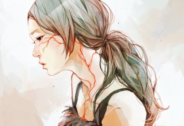 Anime picture 1500x1032 with original tae (artist) single long hair open mouth simple background ponytail parted lips profile grey hair black eyes realistic looking down abstract vein (veins) girl blood