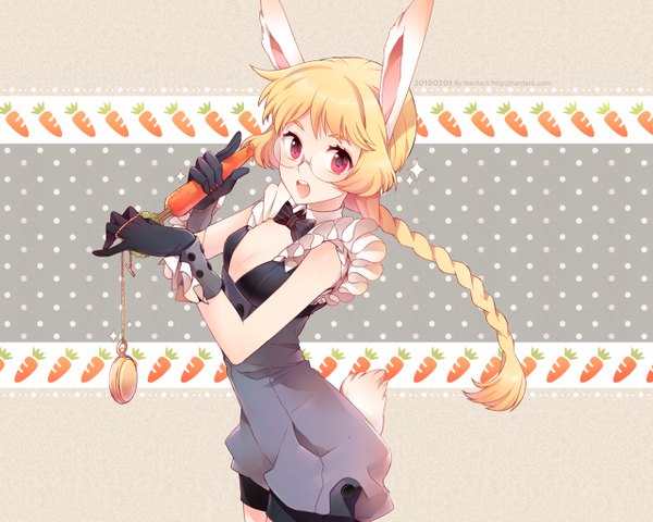 Anime picture 1280x1024 with alice in wonderland white rabbit nardack single long hair blonde hair red eyes animal ears braid (braids) bunny ears single braid bunny girl bunny tail girl gloves glasses bowtie clock vegetables pocket watch