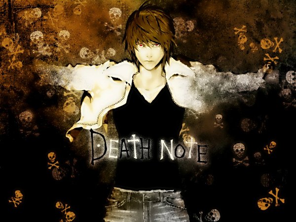 Anime picture 1024x768 with death note madhouse yagami light single short hair red eyes brown hair inscription skull and crossbones boy