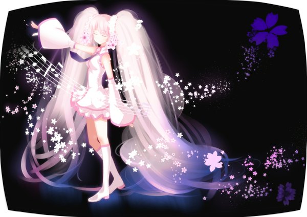 Anime picture 1228x868 with vocaloid hatsune miku sakura miku swordsouls smile twintails pink hair full body eyes closed very long hair hair flower black background girl hair ornament flower (flowers) detached sleeves thigh boots