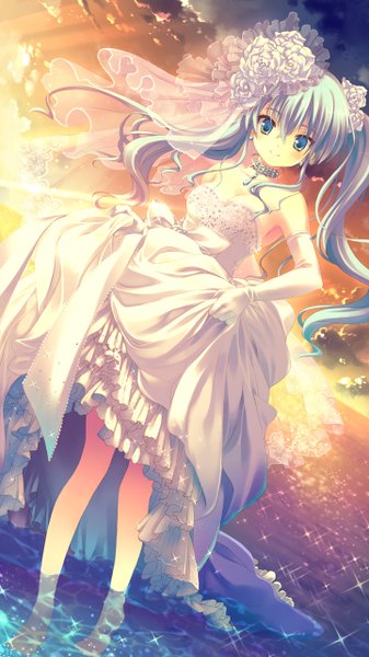 Anime picture 720x1280 with hoshi no ouji-kun ringo aoi ohara tometa single long hair tall image looking at viewer blush fringe blue eyes smile standing twintails bare shoulders cleavage barefoot hair flower sunlight aqua hair bare legs