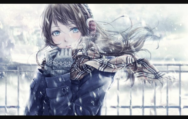Anime picture 1100x698 with original nuwanko single long hair looking at viewer blush fringe blue eyes black hair upper body outdoors parted lips wind lips snowing letterboxed winter exhalation plaid girl