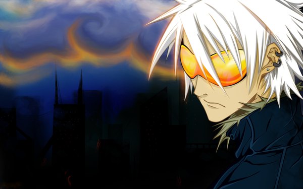 Anime picture 1920x1200 with dogs: bullets & carnage david production haine rammsteiner single highres short hair wide image sky white hair night night sky city cityscape face boy earrings jacket fur sunglasses