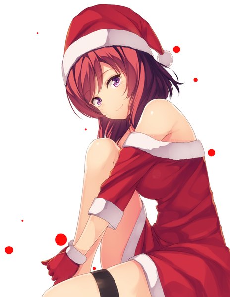 Anime picture 695x898 with love live! school idol project sunrise (studio) love live! nishikino maki siva (executor) single tall image looking at viewer fringe short hair breasts simple background large breasts white background purple eyes bare shoulders red hair short sleeves christmas leg hug