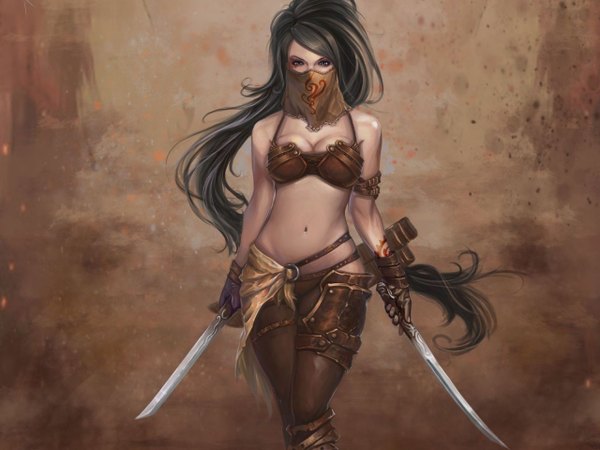Anime picture 2560x1920 with dragon soul (game) tagme (artist) single long hair looking at viewer highres breasts blue eyes light erotic black hair tattoo cropped girl gloves navel weapon mask dagger