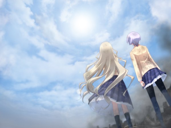 Anime picture 1280x960 with chaos;head kishimoto ayase kusunoki yua matsuo yukihiro long hair short hair blonde hair standing multiple girls blue hair game cg sky silver hair cloud (clouds) very long hair pleated skirt from behind from below plaid skirt looking up