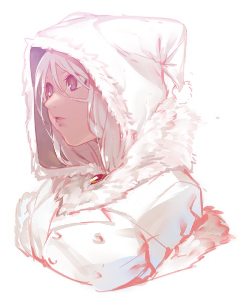 Anime picture 1617x2019 with original menea single tall image fringe short hair simple background hair between eyes white background purple eyes looking away upper body white hair parted lips fur trim portrait girl fur hood brooch