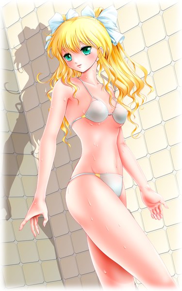 Anime picture 1200x1920 with honey coming tagaya marino miharin (artist) single long hair tall image light erotic blonde hair green eyes wet girl swimsuit bikini white bikini