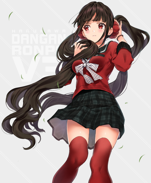 Anime picture 728x883 with dangan ronpa new danganronpa v3 harukawa maki shirakino single tall image blush fringe black hair simple background red eyes payot looking away very long hair wind grey background copyright name girl thighhighs uniform