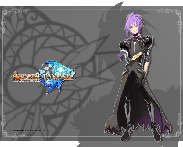 Anime picture 1280x1024 with arc rise fantasia single looking at viewer simple background smile red eyes standing purple hair inscription boy gloves boots