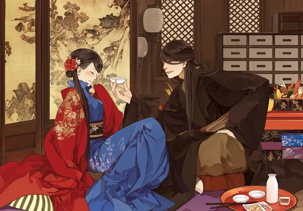 Anime picture 1024x715 with original tanjiu long hair blush black hair japanese clothes hair flower girl boy hair ornament food belt kimono alcohol room sake sakazuki japanese house tokkuri