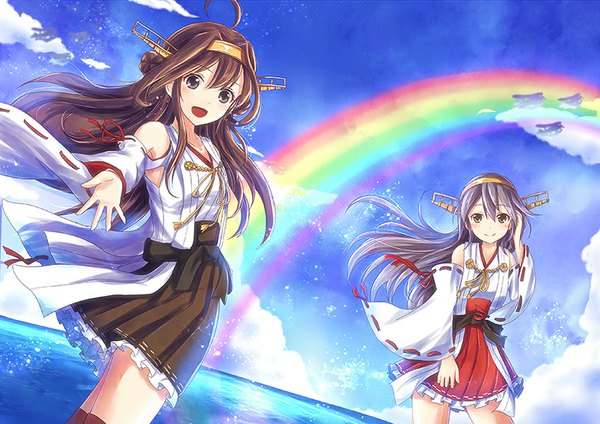 Anime picture 800x566 with kantai collection kongou battleship haruna battleship non (nobu) long hair looking at viewer blush fringe open mouth blue eyes hair between eyes brown hair bare shoulders multiple girls yellow eyes purple hair cloud (clouds) ahoge outdoors traditional clothes
