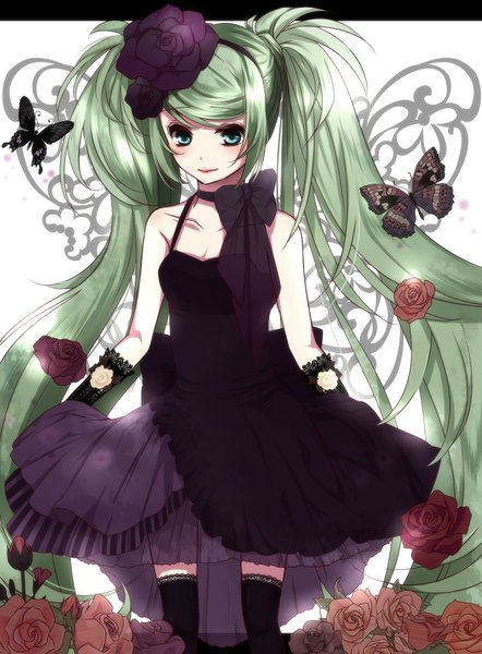 イラスト 1400x1900 と ボーカロイド 初音ミク 九十九 ソロ 長髪 長身像 ツインテール very long hair hair flower aqua eyes aqua hair fake wings 女の子 ストッキング ドレス 手袋 髪飾り 花 黒ストッキング 翼