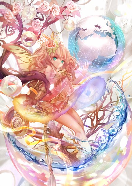 Anime picture 600x844 with original torino aqua single long hair tall image looking at viewer fringe blonde hair sitting bare shoulders hair flower aqua eyes bare legs magic wavy hair insect wings butterfly wings girl dress hair ornament