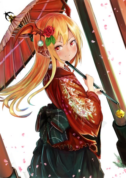 Anime picture 893x1263 with shingeki no bahamut granblue fantasy vampy marisayaka single long hair tall image looking at viewer blush fringe simple background blonde hair smile hair between eyes red eyes white background holding payot traditional clothes japanese clothes