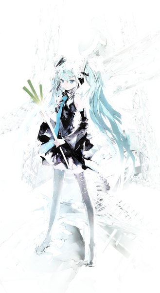 Anime picture 858x1564 with vocaloid hatsune miku taiki (luster) single long hair tall image looking at viewer fringe breasts standing twintails holding aqua eyes aqua hair wide sleeves zettai ryouiki pale skin girl detached sleeves necktie
