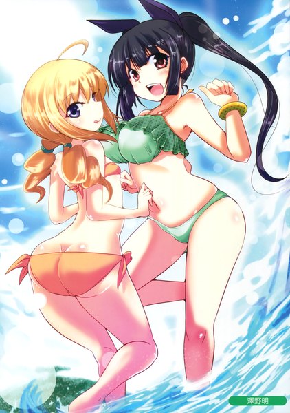 Anime picture 2464x3500 with melonbooks sawano akira tall image looking at viewer blush highres breasts blue eyes light erotic black hair blonde hair twintails multiple girls ass scan girl bow 2 girls swimsuit hair bow