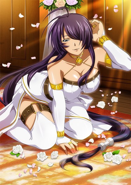 Anime picture 600x848 with ikkitousen kanu unchou single tall image looking at viewer fringe blue eyes light erotic purple hair ahoge very long hair hair over one eye girl thighhighs dress flower (flowers) petals white thighhighs rose (roses) white rose
