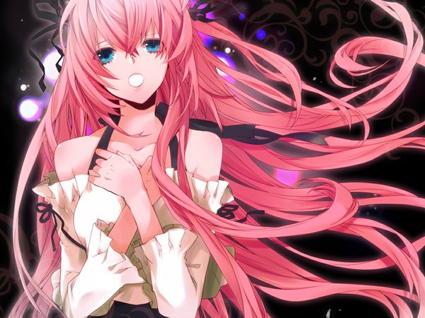 Anime picture 1024x768 with vocaloid megurine luka manyako (mohumohu) single long hair fringe breasts open mouth bare shoulders pink hair aqua eyes alternate costume looking up weightlessness singing girl ribbon (ribbons) hair ribbon