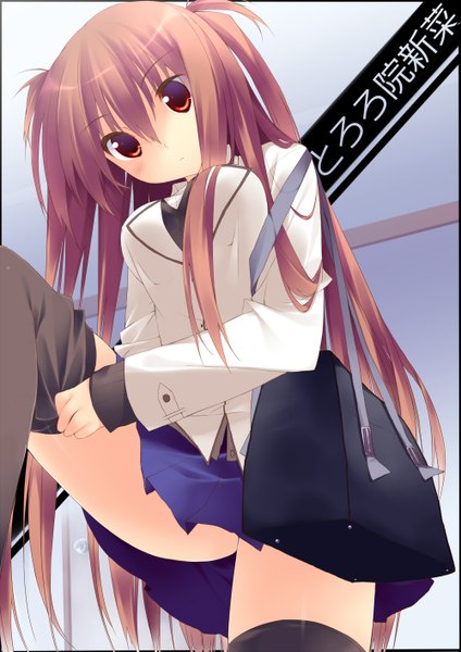 Anime picture 1000x1414 with original tororo inniina kuwashima rein single long hair tall image red eyes brown hair two side up girl thighhighs skirt uniform black thighhighs school uniform miniskirt shirt school bag