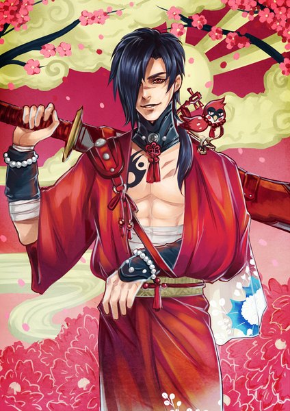 Anime picture 707x1000 with dramatical murder nitro+chiral koujaku antique-teacup single tall image fringe short hair black hair red eyes traditional clothes japanese clothes hair over one eye tattoo cherry blossoms scar boy flower (flowers) weapon plant (plants)