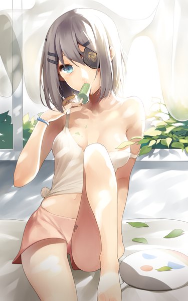 Anime picture 1500x2400 with sword girls iri flina single tall image looking at viewer short hair breasts blue eyes light erotic grey hair eating girl food sweets leaf (leaves) eyepatch ice cream
