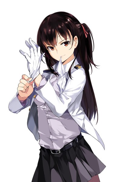 Anime picture 1200x1689 with kantai collection female admiral (kantai collection) neko (yanshoujie) single long hair tall image looking at viewer black hair simple background white background holding brown eyes mouth hold glove in mouth girl skirt gloves uniform ribbon (ribbons) hair ribbon