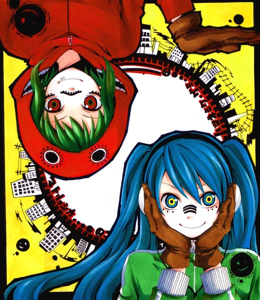 Anime picture 1533x1767 with vocaloid matryoshka (vocaloid) hatsune miku gumi kanna (chaos966) long hair tall image looking at viewer short hair blue eyes smile red eyes twintails multiple girls blue hair green hair facial mark upside down multicolored eyes rotational symmetry