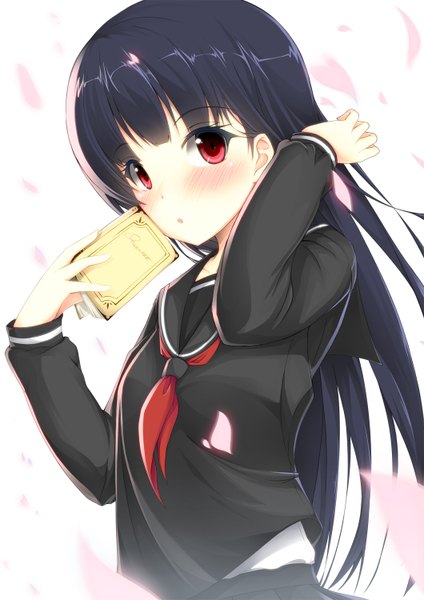 Anime picture 1060x1500 with original jougen single long hair tall image blush black hair red eyes girl uniform school uniform petals serafuku book (books)