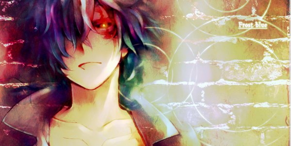 Anime picture 3438x1736 with d.gray-man allen walker shimo single fringe highres short hair red eyes wide image yellow eyes blue hair purple hair multicolored hair grey hair hair over one eye inscription orange eyes scar face open collar