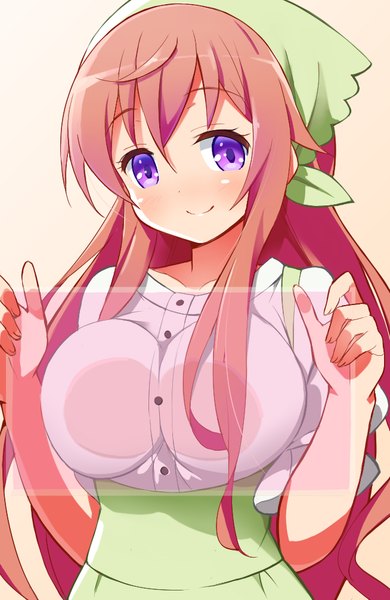 Anime picture 654x1005 with gochuumon wa usagi desu ka? white fox hoto mocha 9law single long hair tall image looking at viewer blush fringe breasts light erotic simple background smile large breasts purple eyes holding red hair gradient background breast press