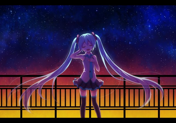 Anime picture 1200x840 with vocaloid hatsune miku asato727 single long hair open mouth twintails blue hair sky eyes closed hand on chest letterboxed arms behind head multicolored girl thighhighs skirt necktie star (stars)