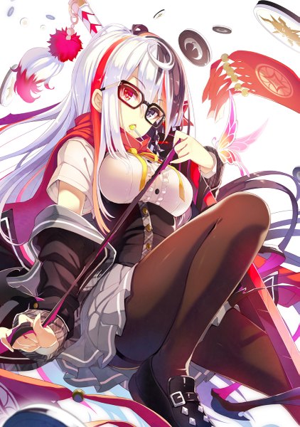 Anime picture 845x1200 with original tel-o single long hair tall image looking at viewer fringe black hair simple background hair between eyes red eyes white background bent knee (knees) white hair red hair pleated skirt multicolored hair black eyes open jacket from below