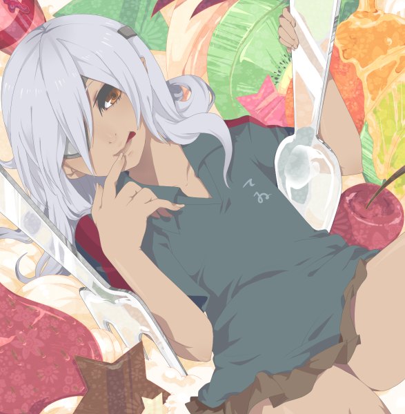 Anime picture 1174x1200 with inazuma eleven sakuma jirou takesouko single long hair tall image purple hair lying pleated skirt light smile orange eyes finger to mouth clothes writing otoko no ko boy miniskirt food sweets tongue star (symbol)