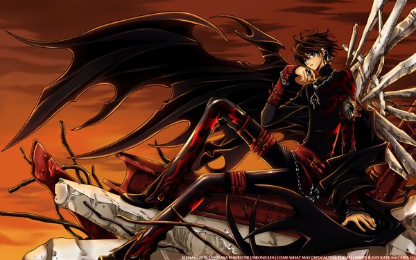 Anime picture 1920x1200 with tsubasa reservoir chronicle x clamp shirou kamui alenas highres brown hair wide image ruins boy wings chain