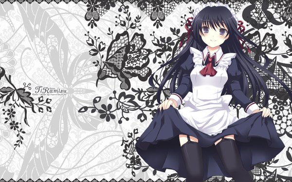Anime picture 1920x1200 with takase kanan highres black hair wide image purple eyes maid dress ribbon (ribbons) maid promotion master