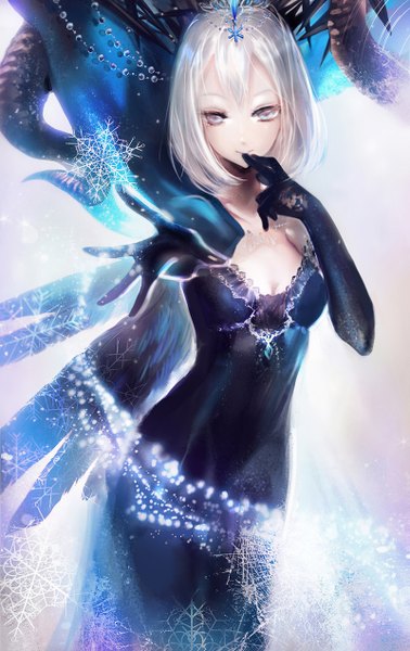 Anime picture 800x1270 with original juexing (moemoe3345) single tall image looking at viewer short hair silver hair grey eyes outstretched arm finger to mouth black wings girl dress gloves wings black gloves elbow gloves headdress snowflake (snowflakes) tentacles