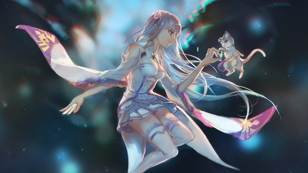 Anime picture 1920x1080 with re:zero kara hajimeru isekai seikatsu white fox emilia (re:zero) puck (re:zero) hein single long hair fringe highres breasts blue eyes smile wide image purple eyes cleavage silver hair bent knee (knees) braid (braids) very long hair profile