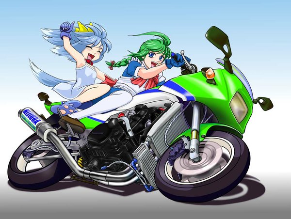 Anime picture 1024x772 with os-tan me-tan (emui-san) nt-tan inu-t ahoge gloves motorcycle