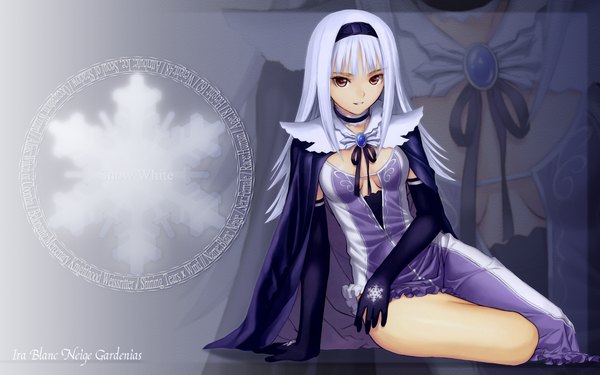 Anime picture 1920x1200 with shining (series) shining tears shining wind blanc neige tony taka long hair looking at viewer highres smile red eyes wide image white hair inscription girl gloves hair ornament black gloves