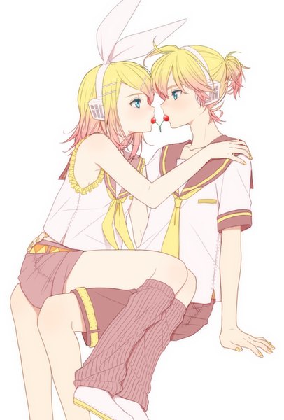 Anime picture 569x840 with vocaloid kagamine rin kagamine len jeni (vianche) tall image fringe short hair simple background blonde hair white background sitting bare shoulders holding ponytail profile aqua eyes hug mouth hold eye contact twins