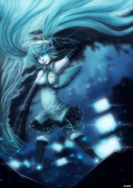 Anime picture 1024x1448 with vocaloid hatsune miku kuon (kwonchanji) single tall image twintails very long hair aqua eyes aqua hair glowing glowing eye (eyes) girl skirt hair ornament detached sleeves necktie headphones thigh boots