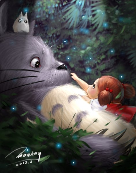 Anime picture 1326x1689 with tonari no totoro studio ghibli totoro chibi totoro kusakabe mei monkey (weibo) tall image short hair brown hair twintails signed lying short twintails girl hair ornament plant (plants) animal tree (trees) hair tie forest